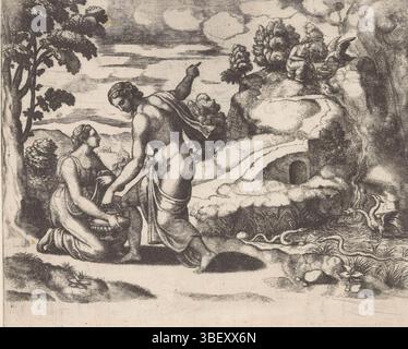 Coxie, Michiel (I), Italie, Maître des dés, Vénus envoie Psyché à une source gardée par des dragons, verso - estampillé, Vénus ordonne à Psyché de récupérer de l'eau d'un puits gardé par des dragons. Droit sur une montagne l'aigle de Jupiter apportant l'eau Psyché du Styx., impression, hauteur 191 mm, largeur 224 mm, italien, allemand, graveur, 1530 - 1560, papier, gravure, gravure (procédé d'impression), ton de feuille, conception de travail, Hollande du Sud, 1499 - 1592-03-10 Banque D'Images