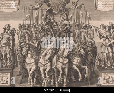 Louis XIII (roi de France), Paris, Isaac, Jaspar de, L'oeil de Dieu regarde la France, Louis XIII et Anne d'Autriche avec le dauphin et le duc d'Anjou dans un calèche tiré par quatre chevaux, verso - estampillé, imprimer, imprimer 380 mm, largeur 481 mm, - 1654-05-23, graveur, 1648 - 1654, papier, gravure, gravure (procédé d'impression), publication, éditeur, 1601-09-27 - 1643-05-14, charte de privilège » Banque D'Images