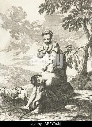 Crespi, Giuseppe Maria, Italie, Crespi, fille chatouille un berger endormi, verso milieu - manuscrit, Une fille chatouille un berger endormi garçon avec un brin d'herbe dans son cou., impression, verso milieu dessous - estampillé, hauteur 245 mm, largeur 181 mm, 1665 - 1747-07-16, imprimeur, 1675 - 1747, quatrième quart 17ème siècle, premier quart 18ème siècle, deuxième quart 18ème siècle, papier, gravure, etsen, conception de travail, selon sa propre conception Banque D'Images