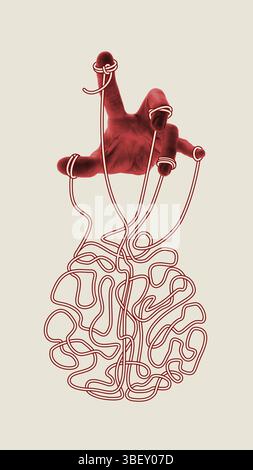 Esprit de marionnette. La main rouge déplace le cerveau enchevêtré par des fils attachés aux doigts, symbolisant le contrôle, la dépendance et la manipulation émotionnelle. Art conceptuel Banque D'Images
