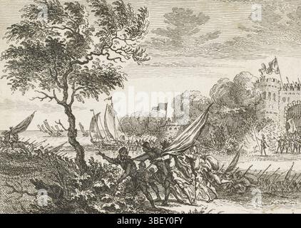 Fokke, Simon, Amsterdam, Fokke, illustrations de l'histoire néerlandaise, l'occupation espagnole expulsée de Vlissingen, 1572, Espagnols expulsés de Vlissingen, verso - estampillé, présentation de l'histoire néerlandaise. Combattez à l'une des portes de la ville de Vlissingen. Au premier plan, un groupe de soldats parcourt la ville à pied et à cheval., impression, illustration de livre, estampes, hauteur 90 mm, largeur 108 mm, Noord-Nederlands, 1712-09-01 - 1784-04-10, graveur, 1784 - 1784, papier, gravure, concept de travail, 1712-09-01 - 1784-04-10 Banque D'Images