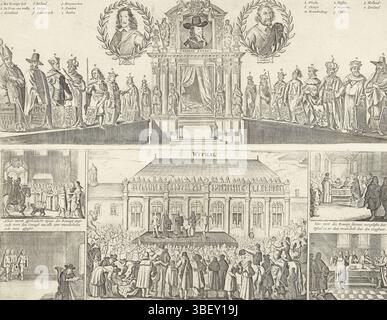 Beusekom, Francoys van, Noordelijke Nederlanden, Het droevich Schou-toneel van de rugge doot en bebekoopde van den grote machtig Koningh Carel Stuart den 10 février 1649, décapitation de Charles Ier, 1649, pays-Bas du Nord, décapitation du roi anglais Charles Ier, devant le palais de Whitehall à Londres le 30 janvier 1649. Au sommet du lit du roi avec deux rangées de monarques européens debout marqués a-R. Au-dessus du lit, un portrait du roi flanqué des portraits de Thomas Fairfax et Oliver Cromwell. En bas de l'exécution devant le public, de chaque côté 4 petits SC Banque D'Images