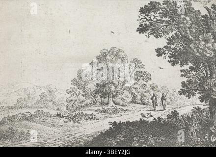 Velde, Jan van de (II), Wtenbrouck, Moyses van, Nederland, Landweg avec deux randonneurs et un chien, pays-Bas, verso - estampillé, impression, hauteur 105 mm, largeur 159 mm, graveur, 1600 - 1650, papier, gravure, pays-Bas du nord, 1600 - 1647, Noord-Nederlands, 1593 - 1641-11-04, graveur Banque D'Images