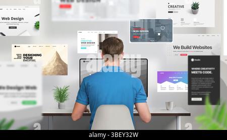 Vue arrière d'un concepteur de sites Web travaillant à un bureau, concentré sur un écran d'ordinateur tandis que de nombreuses mises en page de sites Web volent vers l'avant autour de lui. Puissant visuel de Banque D'Images