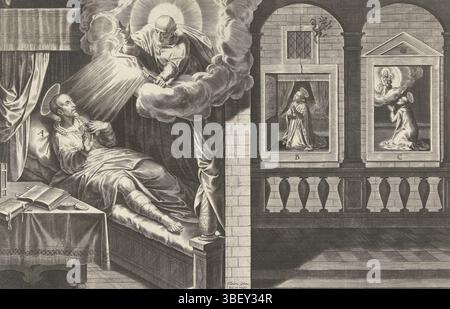 Anvers, Galle, Theodoor, Madrid, Mesa, Juan de, Anvers, scènes de la vie d'Ignace de Loyola, Vita beati patris Ignatii Loyolae, Petrus apparaît à Ignace, Anvers, verso centre - estampillé, trois scènes de la vie d'Ignace de Loyola. Sur la gauche, Saint Pierre apparaît dans une vision pour Ignace alitée de Loyola, blessé à la jambe après la bataille de Pampelune. A côté de son lit les œuvres religieuses qui l'ont inspiré lors de sa guérison. Deux autres visions à droite : celle de la Vierge Marie et celle de l'enfant du Christ, celle du Christ. Ces visions chassent les démons de son cœur. T Banque D'Images