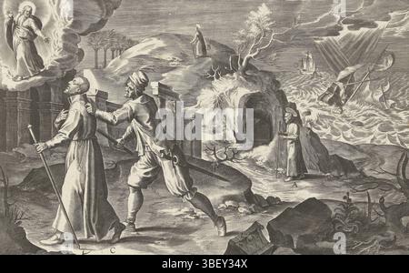 Anvers, Galle, Theodoor, Madrid, Mesa, Juan de, Anvers, scènes de la vie d'Ignace de Loyola, Vita beati patris Ignatii Loyolae, Ignace visite la Terre Sainte, Anvers, verso au milieu ci-dessous - estampillé, quatre scènes de la vie d'Ignace de Loyola. Ignace voyage en Terre Sainte. Il visite le Mont des oliviers et le tombeau du Christ (au milieu). Là, il trouve les pas du Christ. Il est ensuite conduit par un garde et reçoit une vision du Christ (à gauche). Dans le fond de droite, Loyola part de Terre Sainte sur un petit bateau. Le grand navire qu'il refuse de prendre va dans un St Banque D'Images