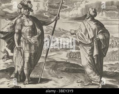 Anvers, Jode, Gerard de, Anvers, Snellinck, Jan (I), Collaert, Hans (I), les douze juges d'Israël, Gédéon et Jair, Anvers, au verso milieu en bas - estampillé, au premier plan le cinquième et sixième juge d'Israël : Gédéon et Jair. En arrière-plan deux histoires de leur temps. Sur la gauche dans le fond, Gideon prie sur un Dieu de peau de bélier pour un signe. A droite les trente fils de Jair chevauchant des ânes. L'impression a une légende latine., impression, hauteur 209 mm, largeur 260 mm, néerlandais du Sud (avant 1775), 1540 - 1581, graveur, 1585 - 1585, papier, gravure, gravure (processus d'impression), travail c Banque D'Images