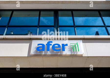 Enseigne et logo au siège de l'AFER (Association française d'Epargne et de retraite), association française majeure d'épargne et de retraite Banque D'Images