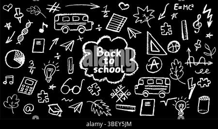 L'école de charbon de bois gribouille sur fond de tableau noir. Icônes amusantes dessinées à la main pour les thèmes de la rentrée scolaire. Mignon éducation enfantine pastel blanc ou crayon de cire Illustration de Vecteur