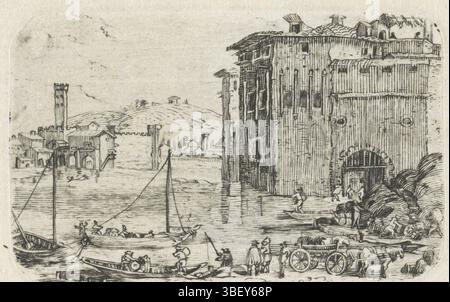 Callot, Jacques, Amsterdam, Walraven, Isaac, chargement de marchandises, verso - estampillé, sur une rive d'une baie un certain nombre d'hommes sont occupés à charger des navires. Un grand bâtiment sur la gauche. Au fond un château ou château et quelques maisons., impression, hauteur 44 mm, largeur 69 mm, Noord-Nederlands, 1686-03-23 - 1765-03-11, imprimeur, 1696 - 1765, papier, gravure, gravure, gravure (procédé d'impression), concept de travail, français, 1592-08-21 - 1635-03-24 Banque D'Images