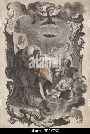 Augsbourg, Hertel, Johann Georg (I), Nilson, Johann Esaias, Setletzky, Balthasar Sigmund, Lycurgue et Pythagore, Pythagore, Augsbourg, verso - estampillé, laissé dans un espace éclairé aux chandelles penche Pythagore sur un globe. A droite, quatre jeunes figures l’écoutent. Autour du spectacle un cadre en rocaille avec crâne, flammes et fumée. Dans la marge inférieure un texte allemand et latin de quatre lignes deux fois. Numéro d'édition 25., impression, impressions ornementales, impressions, hauteur 320 mm, largeur 197 mm, 1695 - 1771-06-21, imprimeur, 1731 - 1771, papier, gravure, gravure, gravure (procédé d'impression), allemand, 1721-11-02 - 1788, intermedi Banque D'Images