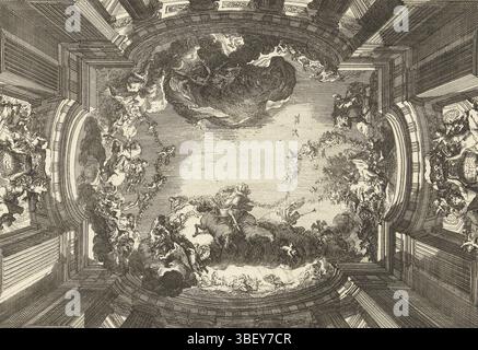 Amsterdam, Marot, Daniël (I), pays-Bas, Plafonds, plafond trompe-l'oeil avec performance mythologique, Amsterdam, plafond avec pièce médiane rectangulaire avec côtés courbes avec performance mythologique soutenue par des colonnes, des pilastres et une liste de couronnes d'ordres Dorische. Armoiries couronnées flanquées sur les côtés courts de deux figures. De série de 6 (peut-être 12) feuilles., impression, impressions ornementales, impressions, hauteur 190 mm, largeur 267 mm, 1663 - 1752-06-04, graveur, 1712 - 1712, premier quart du XVIIIe siècle, papier, gravure, conception d'oeuvre, après propre conception, publication (événement), publication, pu Banque D'Images