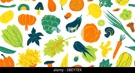 Un motif végétal sans couture dans un style dessiné à la main, mettant en vedette divers légumes. Parfait pour les arrière-plans numériques, l'emballage, le papier d'emballage, le textil Banque D'Images