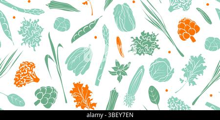 Un motif végétal sans couture dans un style dessiné à la main, mettant en vedette divers légumes. Parfait pour les arrière-plans numériques, l'emballage, le papier d'emballage, le textil Banque D'Images