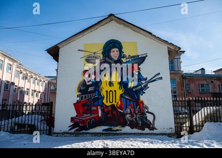 Graffiti de guerre, place des pompiers, Syktyvkar, République de Komi, Russie Banque D'Images