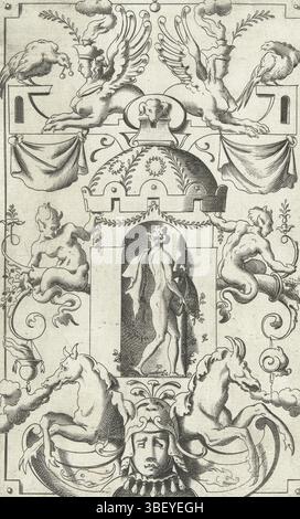Thiry, Léonard, France, Boyvin, René, dieux et déesses, Proserpina, parsemé de fleurs, au fond se trouve un texte latin. De série de 16 feuilles partiellement numérotées avec des décorations plates de dieux et déesses dans un cadre de grandes créatures, animaux, garlandes et mascarons., impression, estampes d'ornement, tirages, hauteur 174 mm, largeur 108 mm, Frans, 1525 - 1598, graveur, 1551 - 1580, troisième quart 16ème siècle, quatrième quart 16ème siècle, papier, gravure, gravure (procédé d'impression), concept de travail, français, Sud des pays-Bas (avant 1775), 1500 - 1550 Banque D'Images