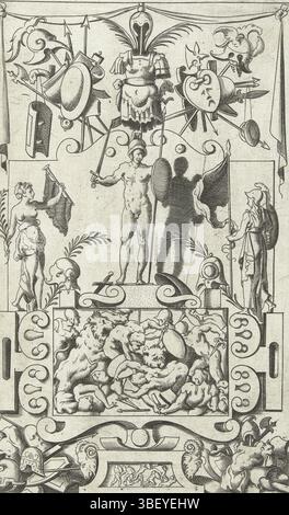 Thiry, Léonard, France, Boyvin, René, dieux et déesses, mars entre Victoria et Minerve, en bas est un texte latin. De série de 16 feuilles partiellement numérotées avec des décorations plates de dieux et déesses dans un cadre de grandes créatures, animaux, garlandes et mascarons., impression, estampes d'ornement, tirages, hauteur 176 mm, largeur 108 mm, Frans, 1525 - 1598, graveur, 1551 - 1580, troisième quart du XVIe siècle, quatrième quart du XVIe siècle, papier, gravure, gravure (procédé d'impression), français, néerlandais du Sud (avant 1775), 1500 - 1550, tireur intermédiaire Banque D'Images