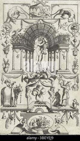 Thiry, Léonard, France, Boyvin, René, dieux et déesses, Bacchus sous une pergola, le fond est un texte latin. De série de 16 feuilles partiellement numérotées avec des décorations plates de dieux et déesses dans un cadre de grandes créatures, animaux, garlandes et mascarons., impression, estampes d'ornement, tirages, hauteur 173 mm, largeur 107 mm, Frans, 1525 - 1598, graveur, 1551 - 1580, troisième quart du XVIe siècle, quatrième quart du XVIe siècle, papier, gravure, gravure (procédé d'impression), français, néerlandais du Sud (avant 1775), 1500 - 1550, tireur intermédiaire Banque D'Images