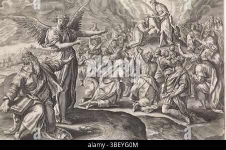 Anvers, Jode, Gerard de, vos, Maerten de, thesaurus sacrarum historium veteris testamenti, visions d'Esdras, première vision d'Esdras : le fils de Dieu couronne la foule, Anvers, verso - estampillé, Esdras est assis à droite au premier plan et est pointé à une vision par un ange. Esdras voit le fils de Dieu sur le mont Sion, qui couronne les hommes et tend la main à leurs branches de palmier. Sous la représentation une référence en latin au texte apocryphe de la Bible en 4 Esdras 2., impression, hauteur 204 mm, largeur 294 mm, conception de l'œuvre, néerlandais du Sud, 1532 - 1603-12-04, après conception de, 1585 - 1585, papier, gravure, gravure (impression pr Banque D'Images
