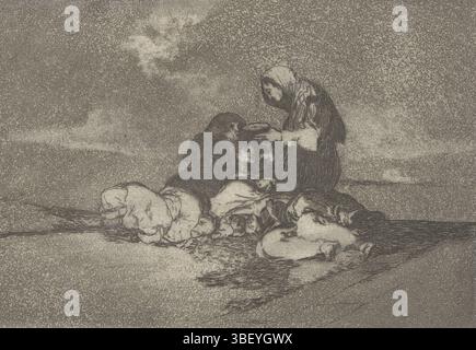 Espagne, Real Academia de nobles Artes de San Fernando, Spain, Potenciano, Laurenciano, Goya, Francisco de, Los Desastres de la Guerra, les horreurs de la guerre, le qué sirve una taza ?, quel est l'intérêt d'une tasse ?, verso au milieu - estampillé, deux femmes essaient de nourrir une femme affaiblie, l'une a un bol à la main. Outre et contre elle sont ses enfants morts., impression, hauteur 155 mm, largeur 210 mm, espagnol, 1746-03-30 - 1828-04-16, graveur, 1810 - 1820, premier quart 19e siècle, troisième quart 19e siècle, papier, gravure, aquatinte, concept de travail, selon sa propre conception, imprimeur, publication (même Banque D'Images
