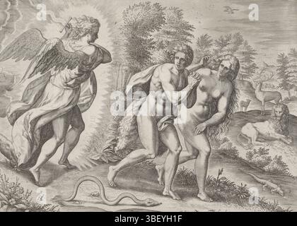 Anvers, Jode, Gerard de, Broeck, Crispijn van den, Anvers, Sadeler, Johann (I), création et chute, disparition du Paradis, Anvers, expulsion du Paradis, verso au milieu - estampillés, Adam et Ève couvrent leur nudité tout en étant chassés de la Terre Paradise par l'ange avec l'épée enflammée. À côté d'eux, le serpent rampant. En arrière-plan différents animaux. La septième impression d'une série en huit parties sur l'histoire de la création., impression, verso milieu bas - estampillé, hauteur 204 mm, largeur 272 mm, Sud-néerlandais, 1550 - 1600-08, graveur, 1575 - 1575, papier, gravure, gravure (print Banque D'Images