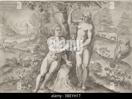 Anvers, Jode, Gerard de, Broeck, Crispijn van den, Anvers, Sadeler, Johann (I), création et chute, Eve séduit Adam, verso au milieu - estampillé, Eve offre à Adam un fruit à la pomme de l'arbre de la connaissance du bien et du mal. Dans l'arbre le serpent. Différents animaux en arrière-plan. Le cinquième tirage d'une série en huit parties sur l'histoire de la création., tirage, verso milieu bas - estampillé, hauteur 198 mm, largeur 271 mm, Sud-néerlandais, 1550 - 1600-08, graveur, 1575 - 1575, papier, gravure, gravure (procédé d'impression), conception de travail, 1524 - 1591, après conception, publication (événement), publication, Banque D'Images