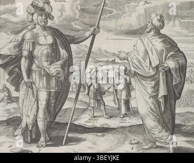 Amsterdam, Visscher, Claes Jansz. (II), Snellinck, Jan (I), Collaert, Hans (I), Theatrum Biblicum hoc est Historiae Sacrae Veteris et Novi Testamenti Tabulis Aeneis Expressae, les douze juges d'Israël, Gédéon et Jair, Amsterdam, les juges Gédéon et Jair. Gideon contrôle la peau de mouton. En arrière-plan, Gideon prie avec la peau de mouton et la rosée tombe sur la peau de mouton. Dans le paysage, les hommes de Gédéon s'agenouillent près d'une rivière pour boire. Jair pointe vers le paysage. Ses trente fils montent chacun un étalon d'âne. Au milieu se trouvent Abimelech et Tola. Sous la présentation textes explicatifs en latin Banque D'Images