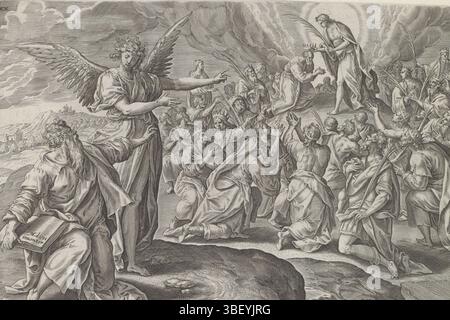 Amsterdam, Visscher, Claes Jansz. (II), vos, Maerten de, Theatrum Biblicum hoc est Historiae Sacrae Veteris et Novi Testamenti Tabulis Aeneis Expressae, visions of Ezra, First vision of Ezra : le fils de Dieu couronne la foule, Amsterdam, Ezra est assis juste au premier plan et est pointé vers une vision par un ange. Esdras voit le fils de Dieu sur le mont Sion, qui couronne les hommes et tend la main à leurs branches de palmier. Sous la représentation une référence en latin au texte apocryphe de la Bible dans 4 Esdras 2 :42. Cette impression fait partie d'un album., impression, feuille d'albumsheet, impressions, hauteur 205 mm, largeur 297 mm, conception du travail, Z Banque D'Images