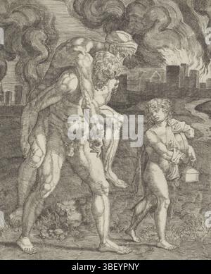 Italie, Raphaël, Italie, Caraglio, Giovanni Jacopo, Énée fuit avec sa famille de Troie, verso - estampillé, Énée fuit Troie brûlante avec son père Anchises sur le dos. A droite se trouve Ascanius, fils d'Énée., impression, verso - estampillé, hauteur 230 mm, largeur 167 mm, conception de travail, italien, 1505 - 1565, à imprimer, 1515 - 1565, papier, gravure, gravure (procédé d'impression), imprimeur, 1483-04-07 - 1520-04-07 Banque D'Images