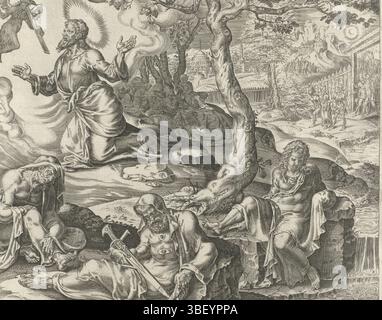 Junius, Hadrianus, Heemskerck, Maarten van, Amsterdam, Muller, Harmen Jansz, sept saignements de Christ, Christ dans la cour de Gethsémané, verso - estampillé, priant Christ à l'agonie dans la cour de Gethsémané. Un ange lui présente la croix et un calice. Peter, James et John dorment au premier plan. Sur la droite Judas apparaît avec un groupe de soldats. Au bas de la marge un verset en latin. Prent fait partie d'une série sur les sept saignements du Christ. Pendant la prière à Gethsémani sa sueur est tombée au sol comme des gouttes de sang., impression, hauteur 201 mm, largeur 248 mm, néerlandais, 1540 - 16 Banque D'Images