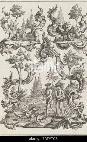 Inconnu, Augsbourg, Engelbrecht, Martin, Baur, Johann, scènes pastorales, rocaille avec couple de chapeaux d'oie, inconnu, verso - estampillé, trois rocailles avec performances. Sous un paysage avec un couple de chapeaux d'oie. Dans le haut deux rocailles volailles ; canards gauches et poulets droits. En haut à gauche 282 numérotés., impression, impressions ornementales, impressions, hauteur 243 mm, largeur 172 mm, graveur, 1719 - 1749, papier, gravure, allemand, 1701 - 1800, dessinateur intermédiaire, par dessin, publication (événement), publication, 1684-09-16 - 1756-018, éditeur, fournisseur de privilège Banque D'Images