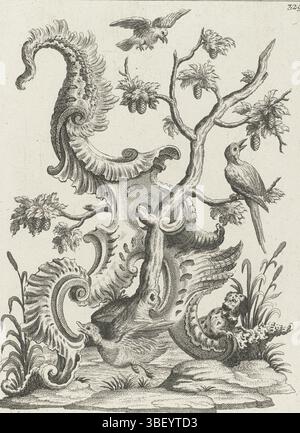 Inconnu, Augsbourg, Engelbrecht, Martin, Baur, Johann, Rocailles avec des animaux, paysage avec des oiseaux et un chien de chasse, inconnu, verso - estampillé, Un chien chasse un canard. Roseaux gauche et droit. La rocaille est entrelacée avec un arbre. Dans et autour de l'arbre deux oiseaux. En haut à droite 329 numérotés., impression, impressions ornementales, impressions, hauteur 205 mm, largeur 155 mm, imprimeur, 1719 - 1749, papier, gravure, allemand, 1701 - 1800, rédacteur intermédiaire, après dessin, publication (événement), publication, 1684-09-16 - 1756-018, éditeur, fournisseur de privilège Banque D'Images