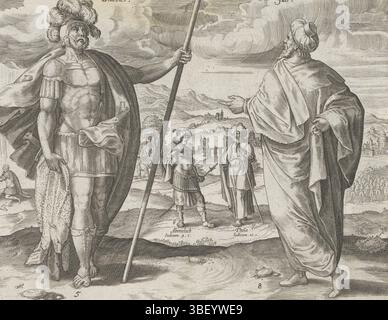 Alkmaar, Schabaelje, Jan Philipsz, Amsterdam, Visscher, Claes Jansz. (II), Snellinck, Jan (I), Collaert, Hans (I), den Grooten Figuer-Bibel, les douze juges d'Israël, des juges d'Israël qui ont régné après Iosua, Gédéon et Jair, en bas à droite - écrit à la main à l'encre brune, les juges Gédéon et Jair. Gideon contrôle la peau de mouton. En arrière-plan, Gideon prie avec la peau de mouton et la rosée tombe sur la peau de mouton. Dans le paysage, les hommes de Gédéon s'agenouillent près d'une rivière pour boire. Jair pointe vers le paysage. Ses trente fils montent chacun un étalon d'âne. Au milieu se trouvent Abimelech et Tola. Sous th Banque D'Images