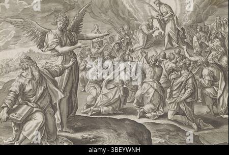 Alkmaar, Schabaelje, Jan Philipsz, Amsterdam, Visscher, Claes Jansz. (II) Fox, Maerten de, Den Grooten Figuer-Bibel, visions of Ezra, Van Esdras et Néhémias, première vision d'Esdras : le fils de Dieu couronne la foule, sous la droite - écrit à la main à l'encre brune, Esdras est assis à droite au premier plan et est pointé à une vision par un ange. Esdras voit le fils de Dieu sur le mont Sion, qui couronne les hommes et tend la main à leurs branches de palmier. Sous la représentation une référence en latin au texte apocryphe de la Bible dans 4 Esdras 2 :42. Cette impression fait partie d'un album., impression, feuille d'albumsheet, impressions, 280, hauteur 205 mm, largeur 29 Banque D'Images