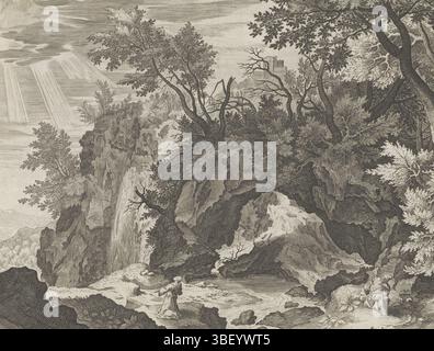 Alkmaar, Schabaelje, Jan Philipsz, Amsterdam, Visscher, Claes Jansz. (II), Brueghel, Jan (I), Sadeler, Aegidius, den Grooten Figuer-Bibel, Van het Doopsel en Bekooringh Christi, Het Leven der Essenen, paysage avec la stigmatisation de Saint François, au milieu de - manuscrit, Rotslandschap rencontre boen. Au premier plan, à gauche, se trouve Saint François. Dans une vision, il voit la croix du Christ et reçoit ses stigmates. Oui, frère Leo. Dans le contexte de l'album et selon la légende, ils illustrent la vie des Esséniens. Cette impression fait partie d'un album., impression, feuille d'albumsheet, impressions Banque D'Images