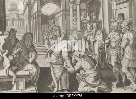 Alkmaar, Schabaelje, Jan Philipsz, Amsterdam, Visscher, Claes Jansz. (II), Straet, Jan van der, Galle, Philips, den Grooten Figuer-Bibel, actes des Apôtres, Acta Apostolorum, histoire Petri, Cornelius s'agenouille devant Petrus, sous droite - écrit à la main à l'encre brune, le Centurio Cornelius s'agenouille devant l'Apôtre Pierre, mais Peter l'exhorte à se lever parce qu'il n'est qu'un être humain. En arrière-plan, Peter prêche pour Cornelius et le reste de sa famille. Le Saint-esprit descend sous la forme d'une colombe. Sous la représentation une référence en latin au texte biblique en main. 10 :25. Cette impression Banque D'Images