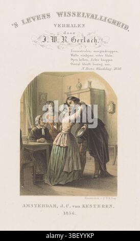 Amsterdam, Kesteren, Johannes Christoffel van, Trap, Pieter Willem Marinus, page d'accueil pour : J.W.R. Gerlach, 's changement de vie, 1856, embrassé femme et homme, Amsterdam, verso - estampillé, Un homme et une femme plus âgée embrassent l'un l'autre. Sur la gauche une vieille femme assise et une jeune femme regardent le couple., impression, page de titre, impressions, hauteur 234 mm, largeur 153 mm, imprimeur, 1856 - 1856, papier, lithographie couleur (procédé), néerlandais, 1821-04-20 - 1905-10-20, imprimeur, publication (événement), publication, 1793-01-02 - 1860-01-29, éditeur Banque D'Images