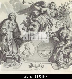 Barbarigo, Giovanni Francesco, Audenaerd, Robert van, Rome, Numismata virorum illustrium ex Barbadica gente, Portrait de Gregorio Barbarigo et les personnifications de la prière, de la bonne religion et de la religion, verso - estampillé, pied en forme de cartouche. Puis un médaillon avec le portrait de Gregorio Barbarigo sur le devant. Il porte un biretta sur la tête. A l'arrière deux châteaux dans un paysage nocturne. Au-dessus du piédestal Faam ou bonne rumeur avec trompette et branche d'olivier et autour de son cou une chaîne dorée avec un coeur. Deux femmes agenouillées. Le baril d'encens de la femme sur la gauche symbolise th Banque D'Images