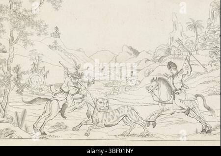 Amsterdam, Schenk, Pieter (II), Amsterdam, Nieuwe invente Sineesen met grote moyte geschekent en in 't Ligt gegeven, porte P. Schenk Jun, troisième partie, scènes de chasse chinoises, Landschap met de naar op een tigre, verso - estampillé, deux hommes chinois à cheval font la chasse d'un tigre ou d'une panthère., impression, ornementprent, estampes, hauteur 161 mm, largeur 254 mm, Noord-Nederlands, 1693-02-15 - 1775-01-14, imprimeur, 1727 - 1775, papier, gravure, etsen, conception de travail, Noord-Nederd Nederlands, après conception, publication, éditeur Banque D'Images
