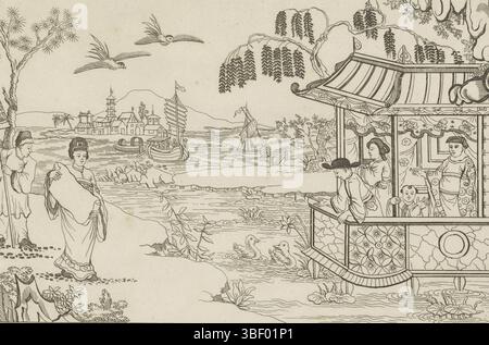 Amsterdam, Schenk, Pieter (II), Amsterdam, Nieuwe invente Sineesen met grote moyte gescheken en in 't Ligt gegeven, porte P. Schenk Jun, deuxième partie, dame chinoise met document dans le paysage, verso - estampillé, Une dame chinoise se tient à gauche avec un document dans les mains d'un paysage. Derrière elle un serviteur avec parasol. Sur la droite quatre figures dans un bâtiment sur des poteaux dans l'eau. Dans le fond des navires., impression, impression d'ornement, impressions, verso - estampillé, hauteur 163 mm, largeur 262 mm, Noord-Nederlands, 1693-02-15 - 1775-01-14, graveur, 1727 - 1775, papier, gravure, concept de travail, selon la conception, Banque D'Images