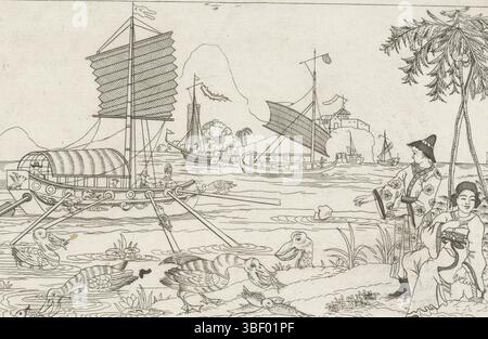 Amsterdam, Schenk, Pieter (II), Amsterdam, Nieuwe invente Sineesen met grote moyte gescheken en in 't Ligt gegeven, porte P. Schenk Jun, troisième partie, scènes de chasse chinoises, voiliers chinois dans une baie et oiseaux aquatiques de pêche, voiliers chinois dans une baie et oiseaux aquatiques de recherche, voiliers chinois dans une baie, avec alimentation de sauvagine, vero - estampé, paysage avec un voilier avec des ceintures d'aviron sur l'eau. Au premier plan, oiseaux aquatiques mangeurs de poissons. Droite deux figures sous un palmier., impression, impression d'ornement, impressions, verso - estampillé, hauteur 163 mm, largeur 254 mm, Noord-Nederlands, 1693-02-1 Banque D'Images