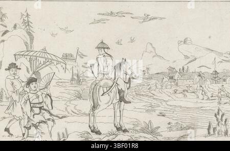 Amsterdam, Schenk, Pieter (II), Amsterdam, Nieuwe invente Sineesen met grote mouyte gescheken en in 't Ligt gegevend, Door P. Schenk Jun, troisième partie, scènes de chasse chinoises, Ruiter en jaartafereel in een chinese scape, verso - gestamping, Landschap met links een eider en een kaart met fankeel sous un parasol. À travers le paysage va une rivière avec de l'autre côté une scène de chasse., impression, ornementprint, impressions, verso - estampillé, hauteur 162 mm, largeur 255 mm, Noord-Nederlands, 1693-02-15 - 1775-01-14, graveur, 1727 - 1775, papier, gravure, etsen, conception de travail, après la conception de, Publ Banque D'Images