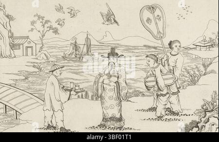 Amsterdam, Schenk, Pieter (II), Amsterdam, Nieuwe invente Sineesen met grote mouyte gescheken en in 't Ligt gegeven, par P. Schenk Jun, deuxième partie, un gentleman chinois reçoit le thé d'un serviteur dans un paysage, paysage avec un serviteur chinois qui sert son thé à son seigneur, paysage avec un serviteur chinois apportant le thé à un maître, vero - estampillé, paysage avec un gentleman chinois qui reçoit le thé sur un plateau. Derrière le chaud deux femmes, une avec parasol. En arrière-plan deux voiliers sur l'eau., impression, imprimés d'ornement, impressions, verso - estampillé, hauteur 162 mm, largeur 260 mm, Noord-Nederlands, Banque D'Images