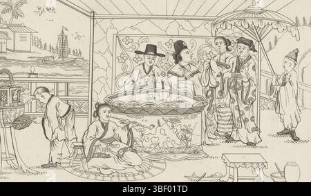Amsterdam, Schenk, Pieter (II), Amsterdam, Nieuwe invente Sineesen met grote mouyte gescheken en in 't Ligt gegeven, porte P. Schenk Jun, deuxième partie, figurines chinoises om een teatable, figures chinoises autour d'une table de thé, verso - estampillé, quatre figures chinoises autour d'une table avec teaware. A droite un serviteur avec un parasol. Au premier plan un homme assis sur la pipe à fumer au sol., impression, ornementprint, impressions, verso - estampillé, hauteur 164 mm, largeur 263 mm, Noord-Nederlands, 1693-02-15 - 1775-01-14, graveur, 1715 - 1725, papier, gravure, etsen, conception de travail, après conception, publication Banque D'Images