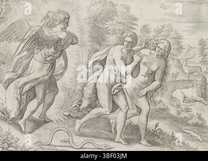 Anvers, Jode, Gerard de, Broeck, Crispijn van den, Anvers, Sadeler, Johann (i), Thesaurus sacrarum historiaru[m] Veteris testame[n]TI, elega[n]tissimis imaginibus expressu[m] excelle[n]tissimoru[m] in hac Arte viroru[m] opera : nu[n]c primu[m] dans luce[m] éditus, création et chute du péché, expulsion du Paradis, Anvers, expulsion du paradis, expulsion du paradis, et de l'ange sont chassés par Adam d'un jour d'un ange. À côté d'eux, le serpent rampant. Juste en arrière-plan, un lion et un cerf. En bas se trouve une référence au texte de la Bible en latin. Cette impression fait partie d'un album., impression, Banque D'Images