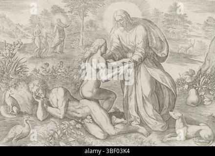 Anvers, Jode, Gerard de, Broeck, Crispijn van den, Anvers, Sadeler, Johann (i), Thesaurus sacrarum historiaru[m] Veteris testame[n]TI, elega[n]tissimis imaginibus expressu[m] excelle[n]tissimoru[m] in hac Arte viroru[m] opera : nu[n]c primu[m] in luce[m] editus, création et chute du péché, création d'Eva, Anvers, aide à sortir du côté de Dieu Eve. Laissé à l'arrière-plan, Dieu pointe Adam et Ève à l'arbre de la connaissance du bien et du mal. Juste au premier plan un chien. En bas se trouve une référence au texte de la Bible en latin. Cette impression fait partie d'un Banque D'Images
