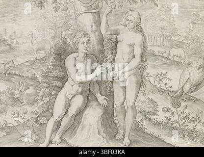 Anvers, Jode, Gerard de, Broeck, Crispijn van den, Antwerpen, Sadeler, Johann (i), Thesaurus sacrarum historiaru[m] Veteris testame[n]TI, elega[n]tissimis imaginibus expressu[m] excelle[n]tissimoru[m] in hac Arte viroru[m] opera : nu[n]c primu[m] dans luce[m] editus, création et sinfall, Ève tente Adam de manger l'arbre, Anvers du bien. Dans l'arbre le serpent. Différents animaux en arrière-plan. En bas se trouve une référence au texte de la Bible en latin. Cette impression fait partie d'un album., impression, feuille d'albumsheet, impressions, hauteur 198 mm, largeur 26 Banque D'Images