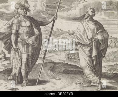 Antwerpen, Jode, Gerard de, Snellinck, Jan (I), Collaert, Hans (i), Thesaurus sacrarum historiaru[m] Veteris testame[n]TI, elega[n]tissimis imaginibus expressu[m] excelle[n]tissimoru[m] in HAC Arte viroru[m] opera : nu[n]c primu[m] in luce[m] éditus, les douze juges d'Israël, Gideon et Jair, Anvers. Gideon contrôle la peau de mouton. En arrière-plan, Gideon prie avec la peau de mouton et la rosée tombe sur la peau de mouton. Dans le paysage, les hommes de Gédéon s'agenouillent près d'une rivière pour boire. Jair pointe vers le paysage. Ses trente fils montent chacun un étalon d'âne. Sous la prese Banque D'Images