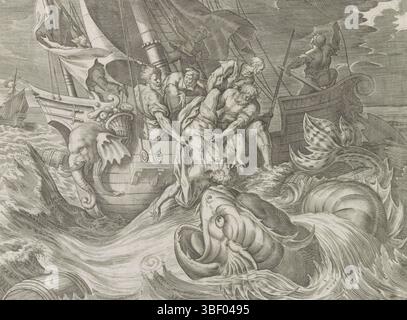 Antwerpen, Jode, Gerard de, vos, Maerten de, Wierix, Hieronymus, Antonie (II), Thesaurus sacrarum historiaru[m] Veteris testame[n]TI, elega[n]tissimis imaginibus expressu[m] excelle[n]tissimoru[m] in hac Arte viroru[m] opera : nu[n]c primu[m] in luce[m] editus, History of Jona, Jona mis par-dessus bord, Anvers, si le navire est désigné comme coupable par la tempête. Il est jeté par-dessus bord par l'équipage. Au premier plan, le poisson que Jonas va avaler nage. Sous la représentation une référence en latin au texte de la Bible dans Jonas 2. Ce prin Banque D'Images