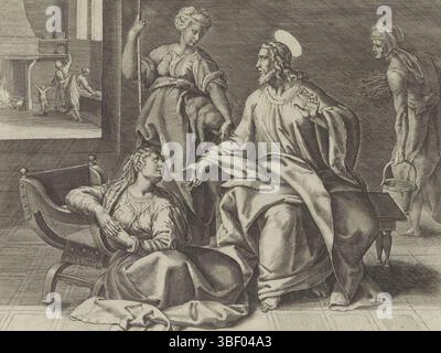 Anvers, Jode, Gerard de, Francken, Ambrosius (I), thésaurus novi Testamenti elegantissimis iconibus expressus continens historias atque miracula doni nostri Iesu Christi, Christ dans la maison de Marta et Marie, Anvers, Christ visitant la maison de Marta et Marie. Marie est assise aux pieds du Christ et l’écoute. Marthe, avec de la volaille sous le bras, se plaint au Christ, parce que Marie ne l'aide pas dans la maison. Sous la représentation une référence en latin au texte de la Bible en Luc. 10. Cette impression fait partie d'un album., impression, feuille d'albumsheet, impressions, hauteur 205 mm, largeur 249 mm, conce de travail Banque D'Images
